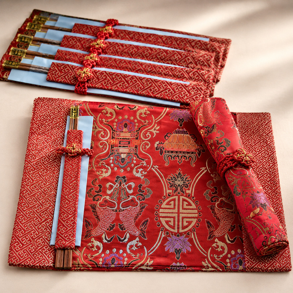 Asian Red Brocade Table Setting for 6 Placemats Napkins Chopsticks Rings 30 Pc